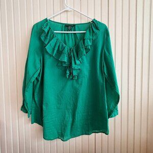 Ralph Lauren Green Contemporary Long sleeve cotton ruffle pullover blouse  - L -